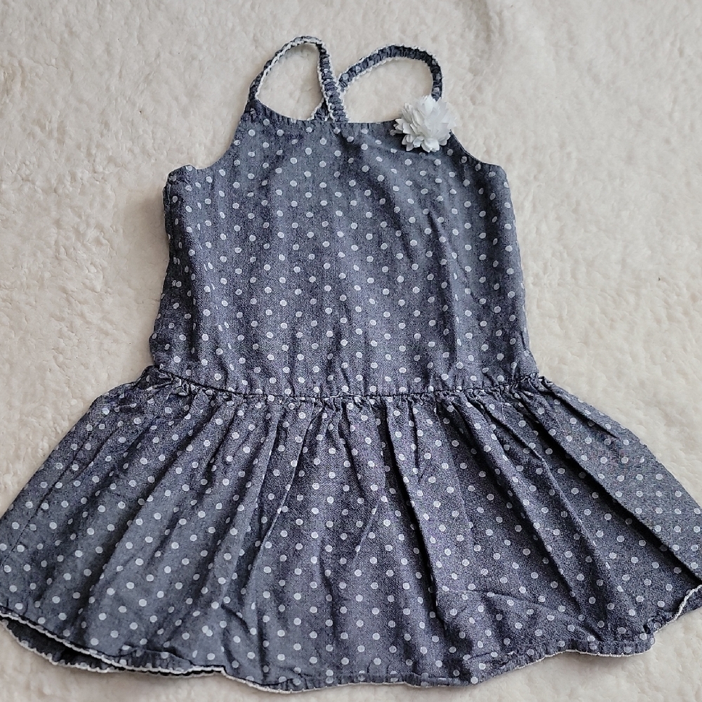 Genuine Kids OshKosh 5T Blue White Polka Dots Flower Chambray Cotton Dress